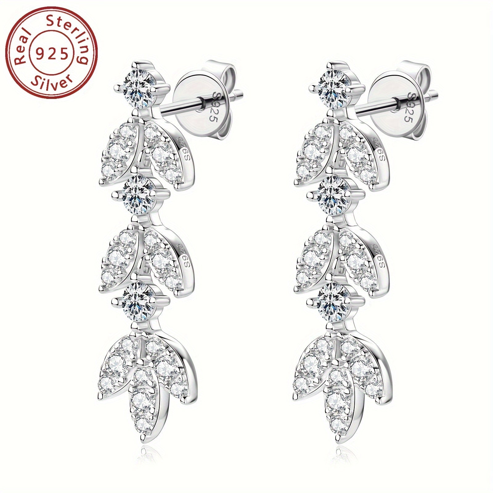Para kolczyków z moissanitem wykonanych ze srebra 925, motyw liści