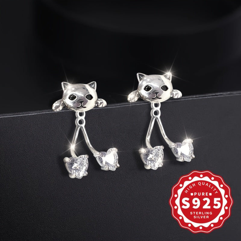 kolczyki ze srebra S925 z motywem kota i podwójnym sercem.