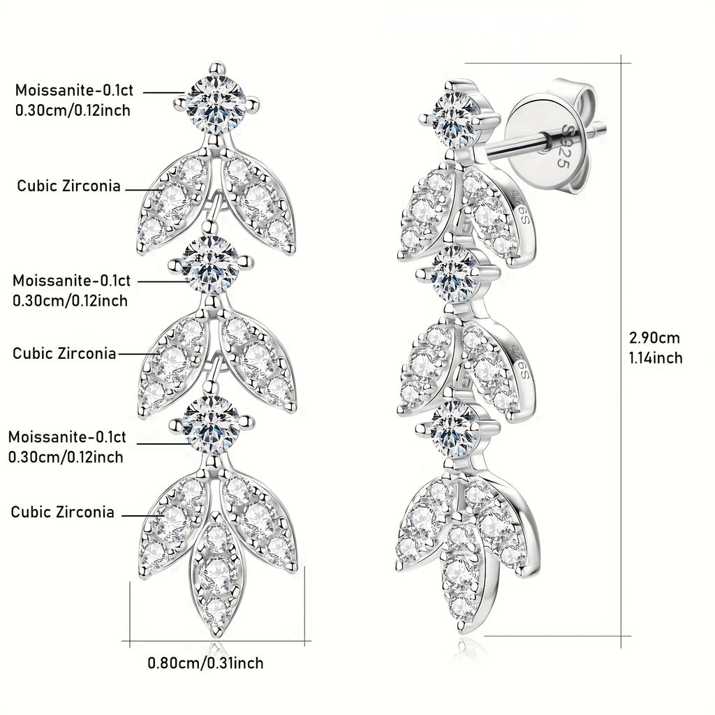 Para kolczyków z moissanitem wykonanych ze srebra 925, motyw liści
