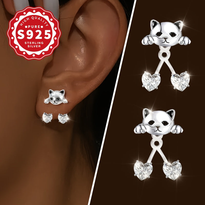 kolczyki ze srebra S925 z motywem kota i podwójnym sercem.