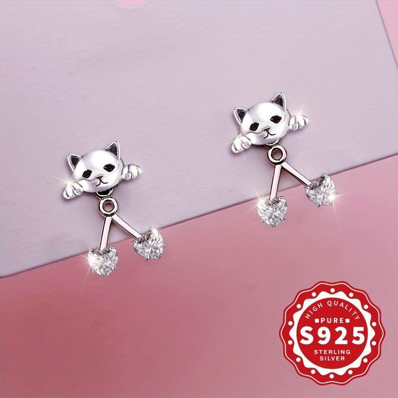 kolczyki ze srebra S925 z motywem kota i podwójnym sercem.